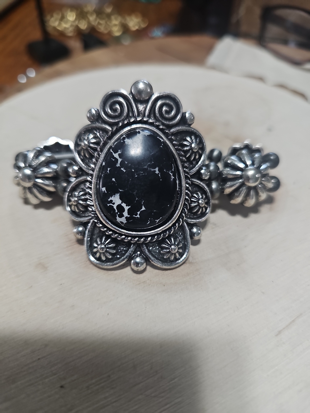 Silvertone Style Black Stone Floral Cuff Bracelet